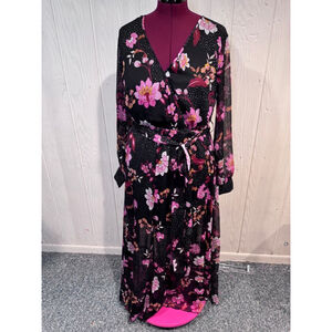 Bandolino Floral Maxi Dress Long Sleeve Black Pink Large